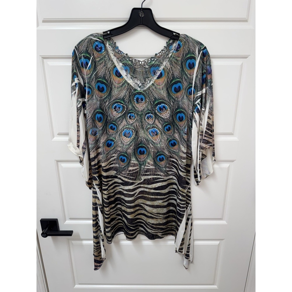 REINA Women Peacock Zebra Print Beaded V-Neck Lace Back Blouse Top Large 2